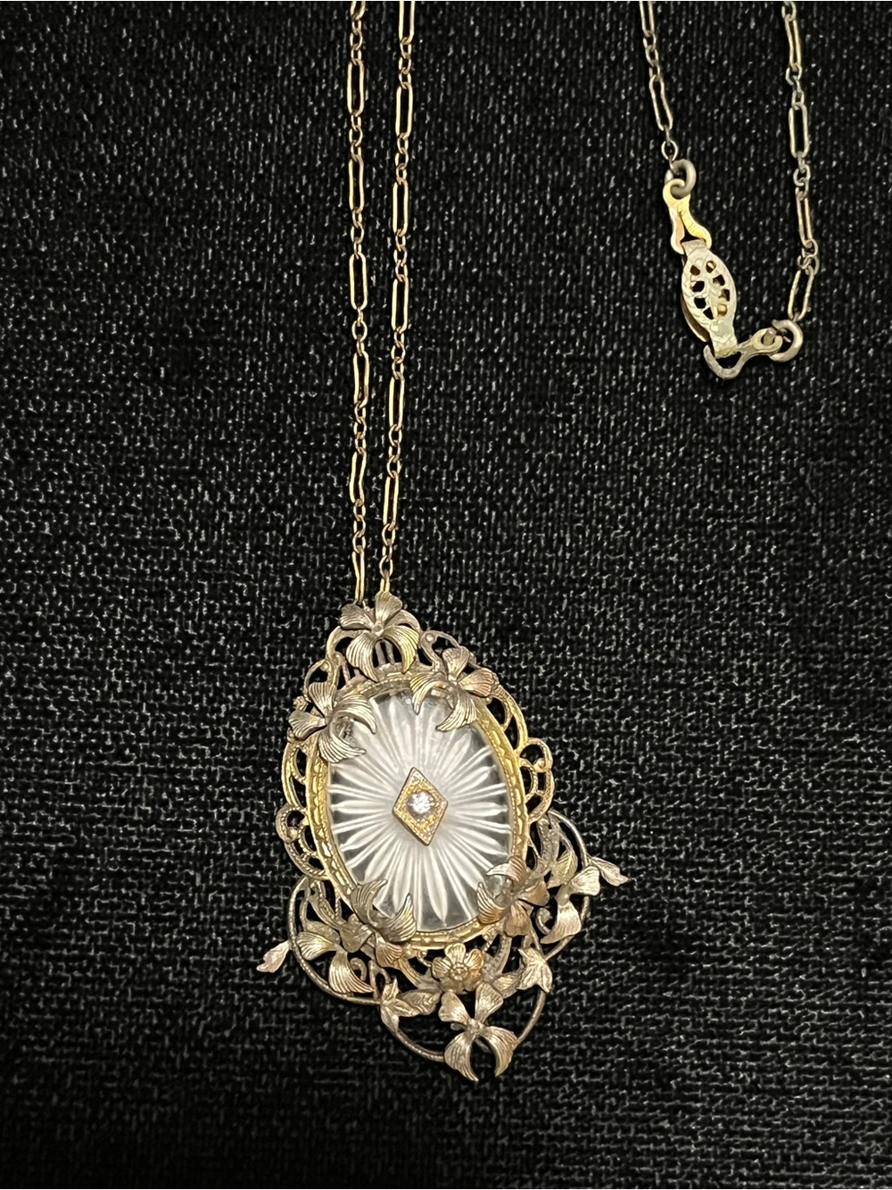Antique Two-Tone Floral Filigree Oval Camphor Glass  Pendant Necklace